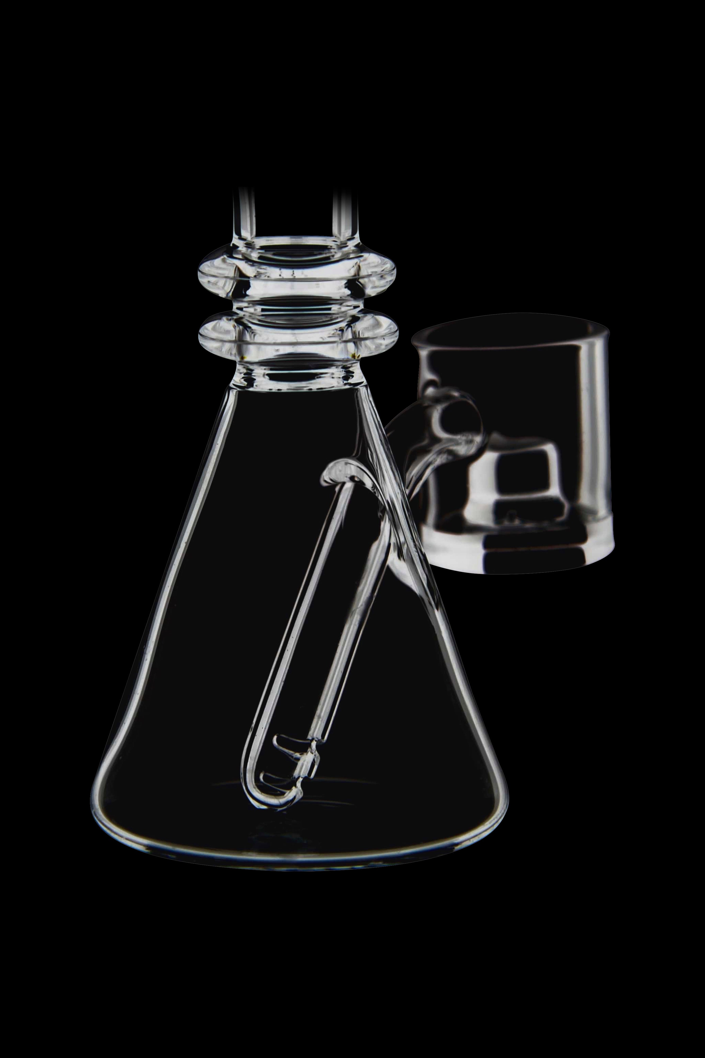 Clear glass bubbler and attachment against a black background.