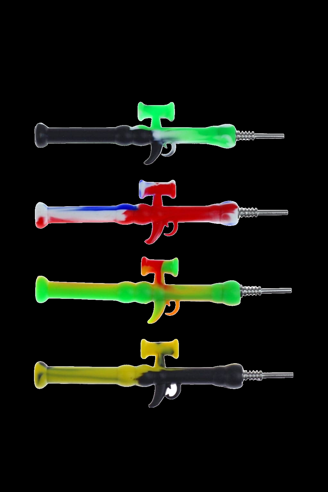 Assorted glass dab tools with colorful, patterned handles and metal tips, isolated on a black background."