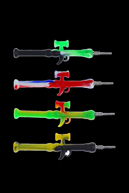 Assorted glass dab tools with colorful, patterned handles and metal tips, isolated on a black background."