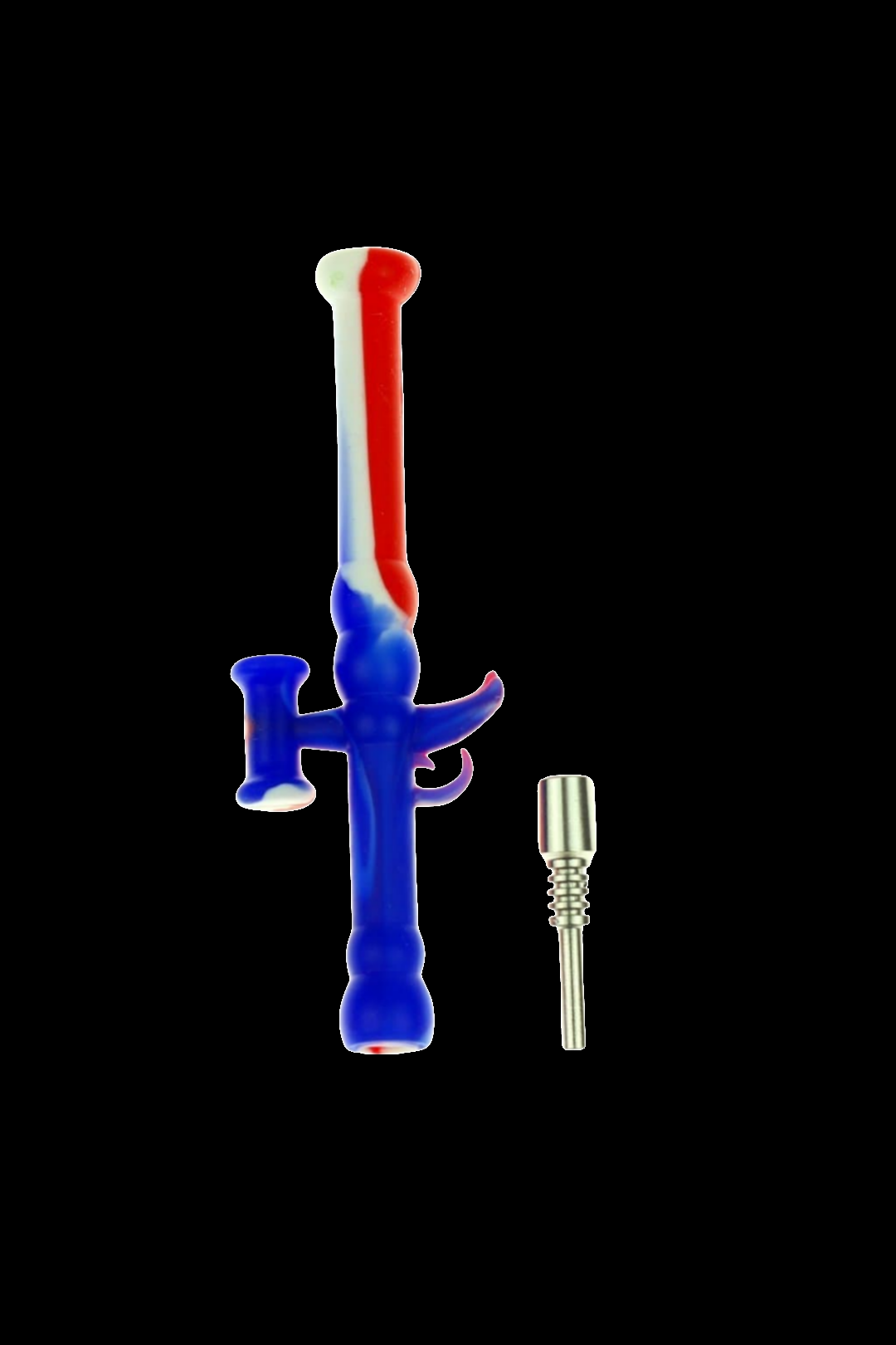 Blue and red glass dab rig with a titanium nail.