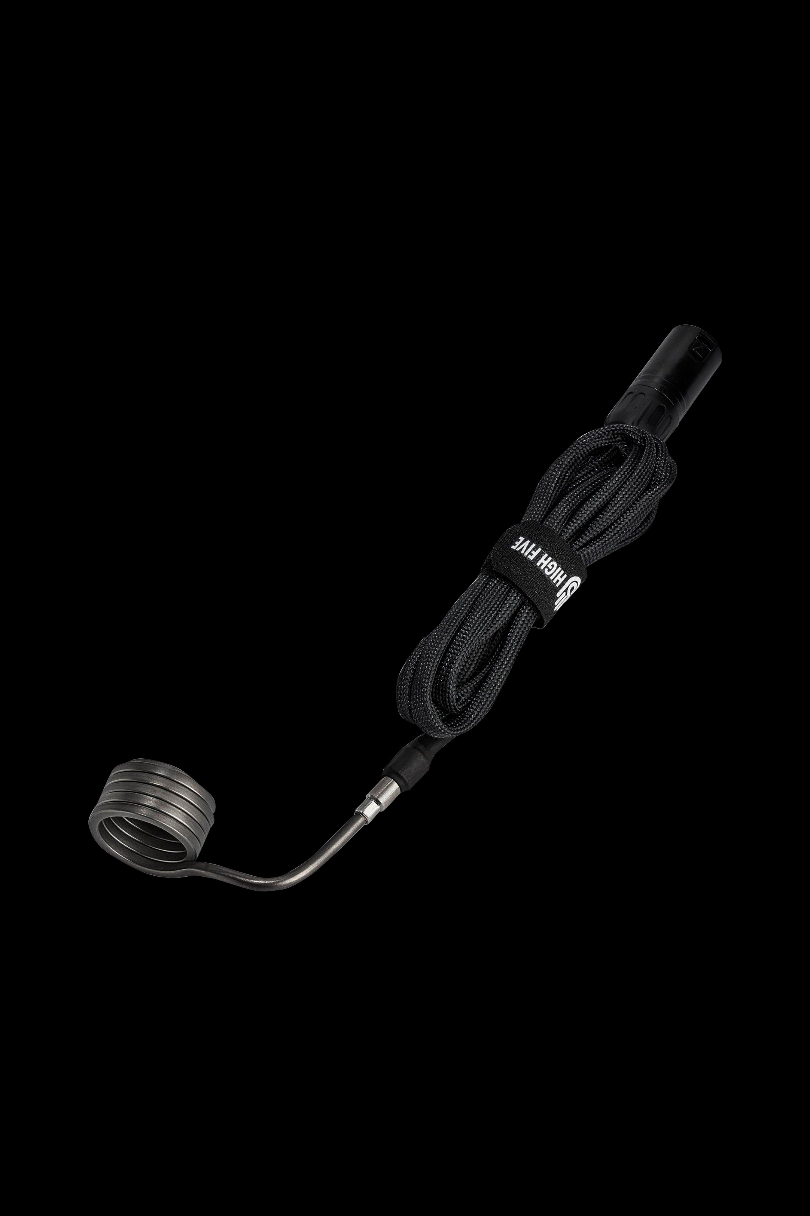 Black cannabis dab rig coil with braided black cord and "HIGH FIVE" branding.