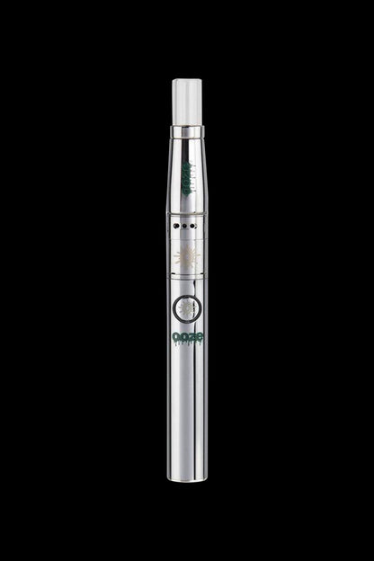 Silver cannabis vape pen with leaf detailing on a black background.