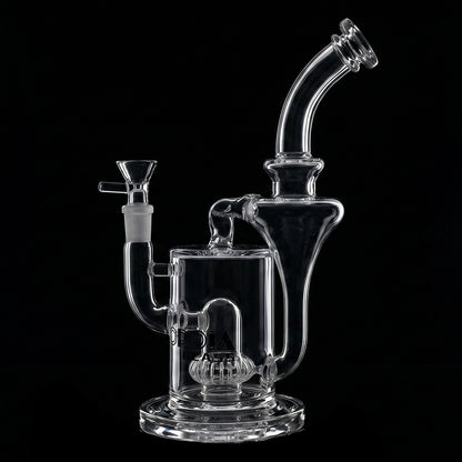 Side view of the clear Croia Glass 10" Hourglass Recycler Scientific Bong with Crown Perc against a black background.