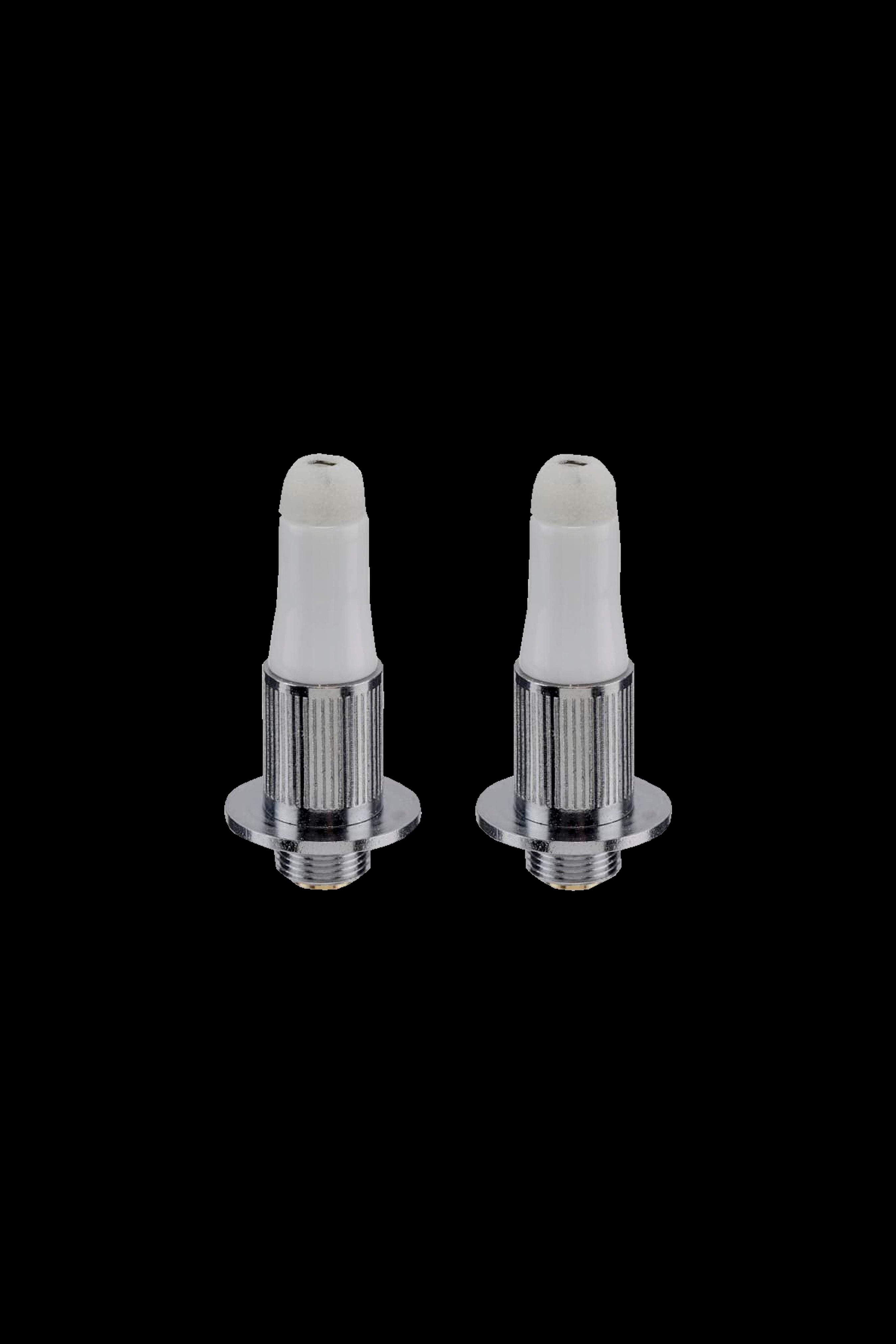 Two empty 510 thread vape cartridges on a black background.