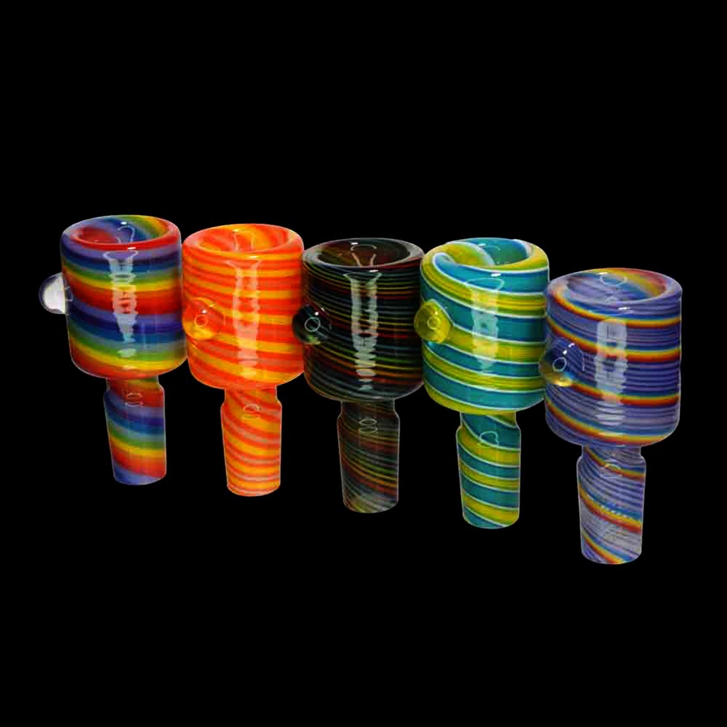 Row of five fully wrapped striped glass bowls shown front-on against a black background, labeled Smoke Cartel Fully Wrapped Striped Bowl - 14mm | Assorted Colors.