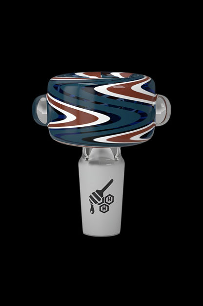 Hand-blown glass cannabis bowl with colorful swirls and a branded metal stem.