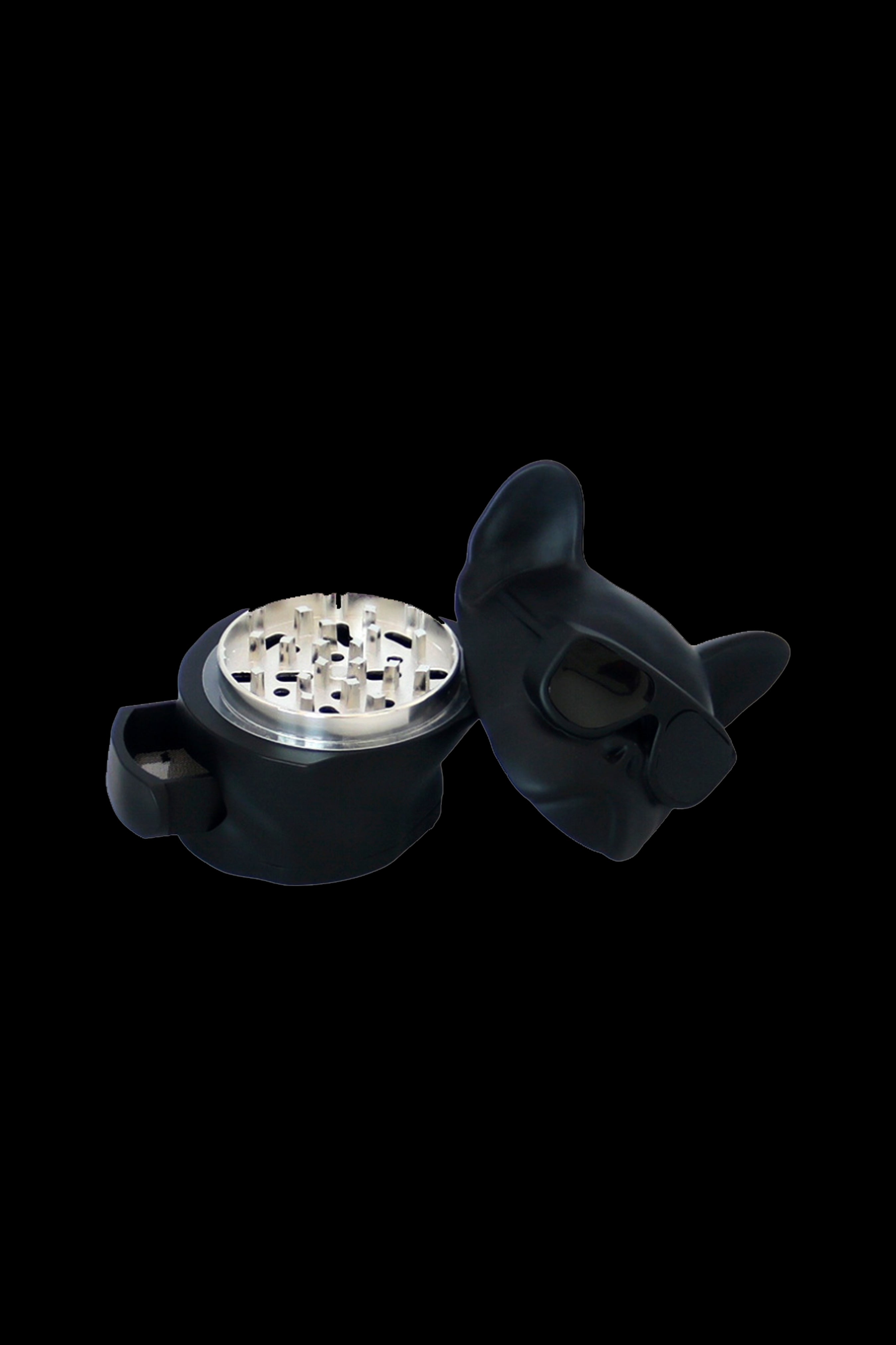 Black cat-shaped grinder for cannabis, open to reveal the grinding teeth.