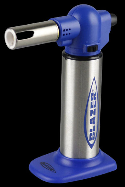 Blue and silver butane torch with “Blazer” branding, commonly used for dabbing cannabis concentrates.