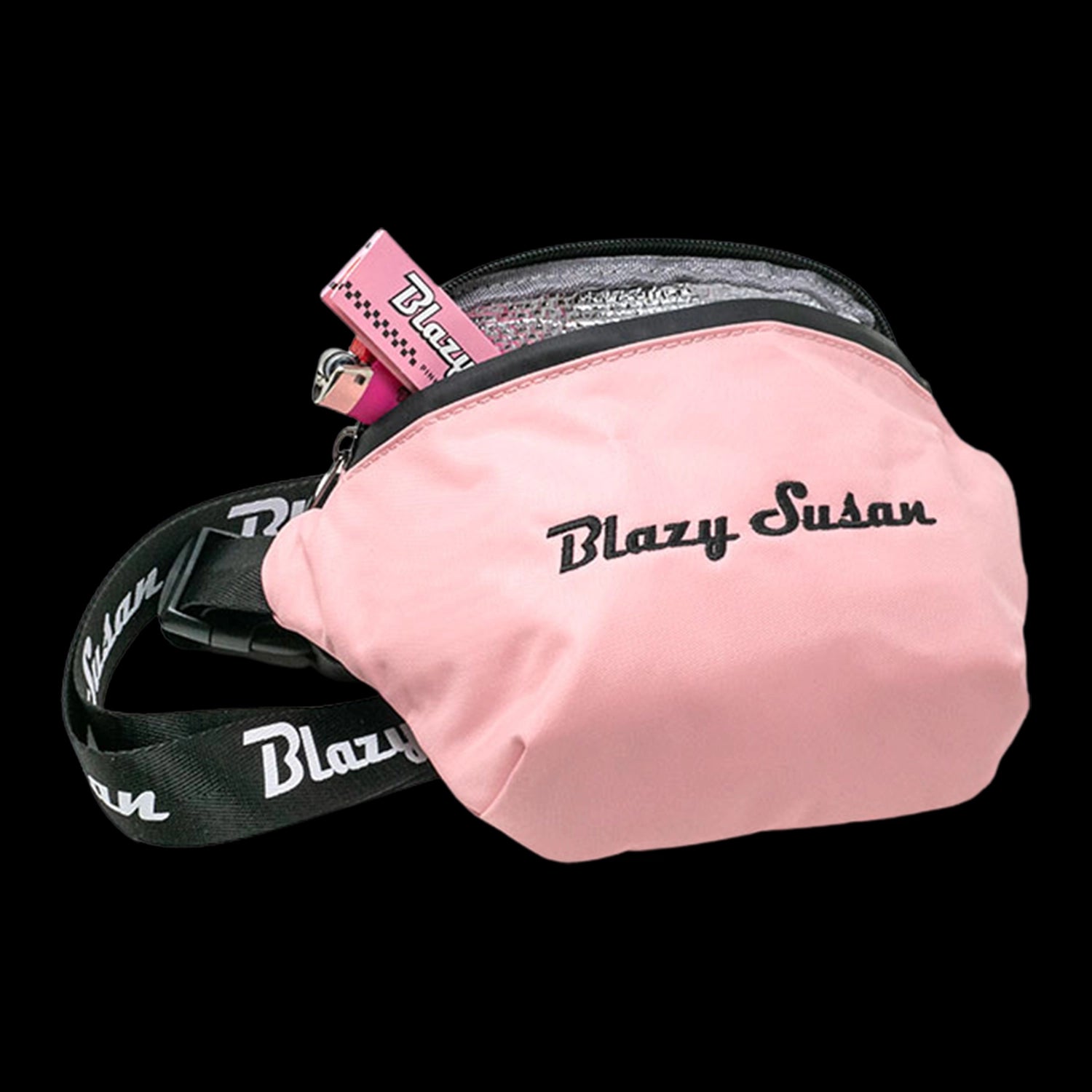 Three-quarter view of the pink Blazy Susan Fanny Pack with its zipper partly open showing a matching pink lighter and branded black strap.