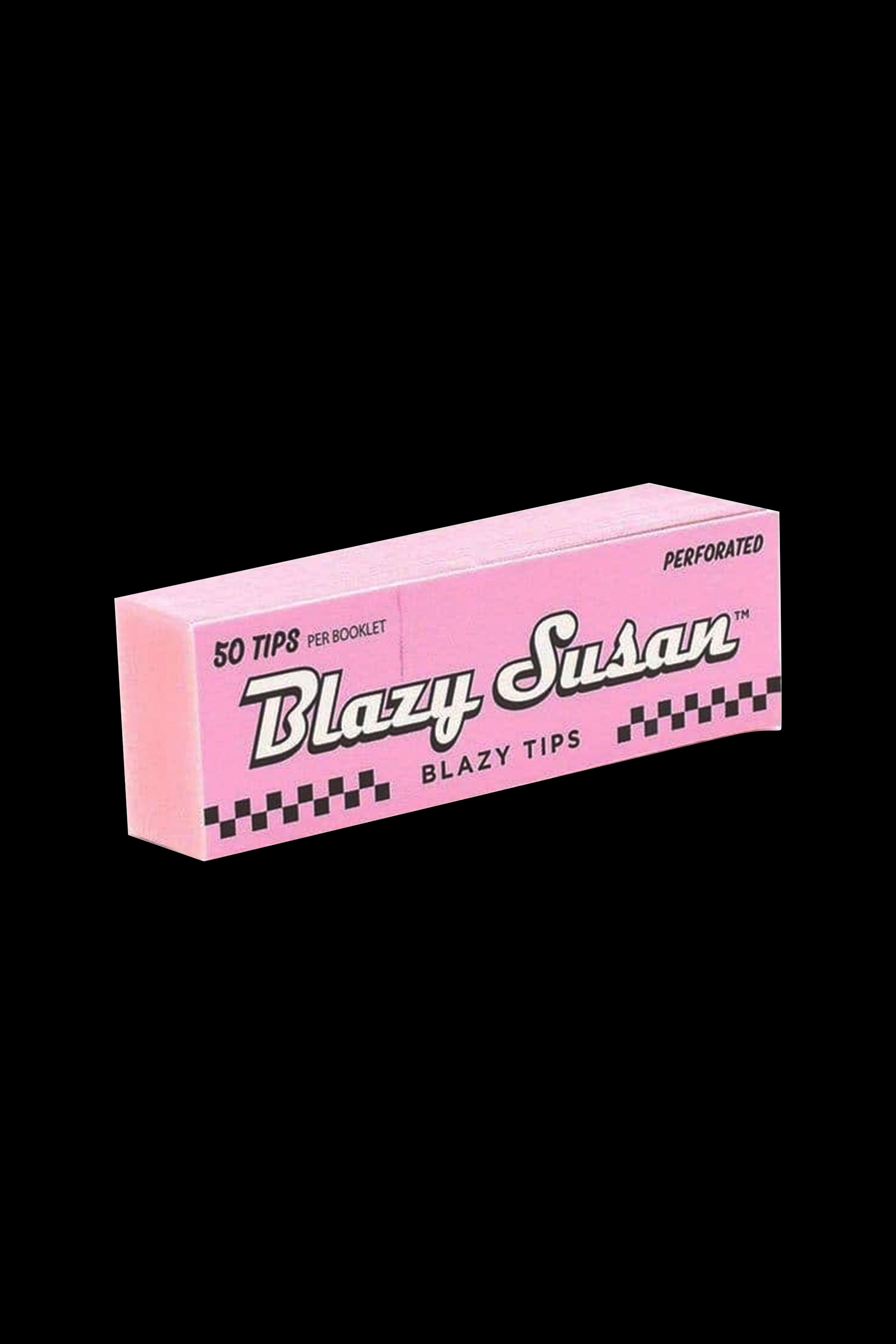 Pink booklet of “Blazy Susan” rolling tips with checkered border, isolated on a black background.