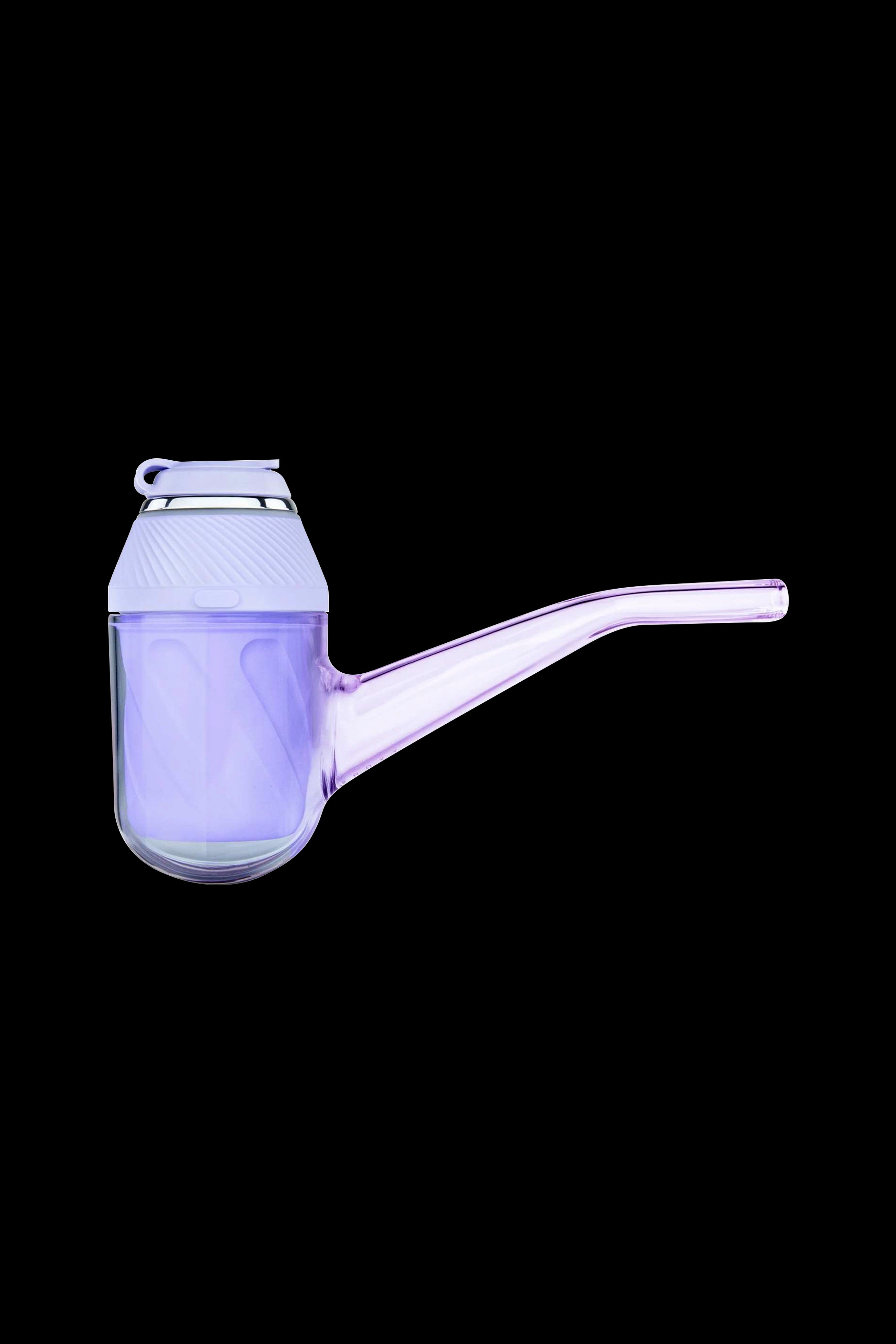 Purple glass pipe with a bulbous bowl and curved mouthpiece.