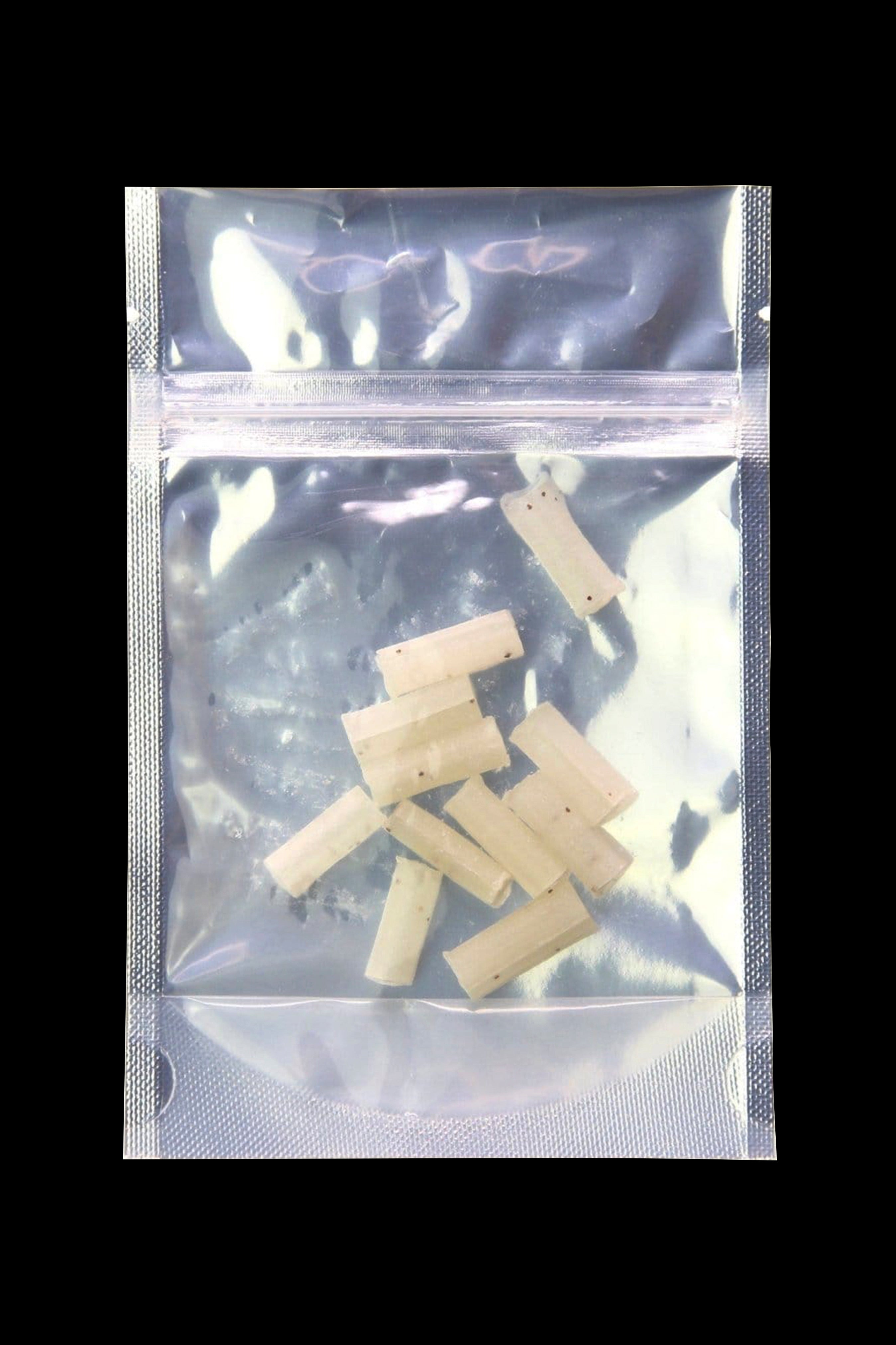 Clear plastic bag containing pre-rolled cannabis filters.