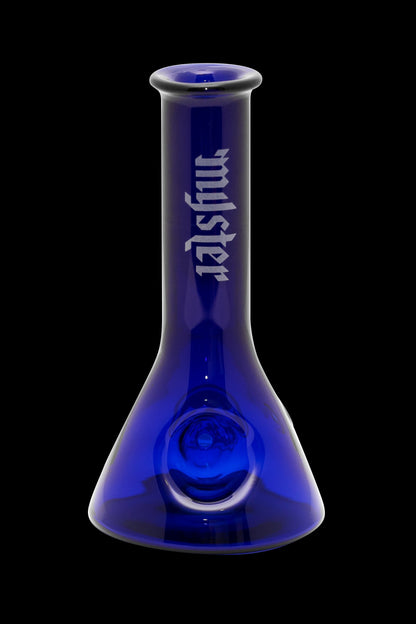 Blue glass pipe with “mashuf” text vertically along the neck.