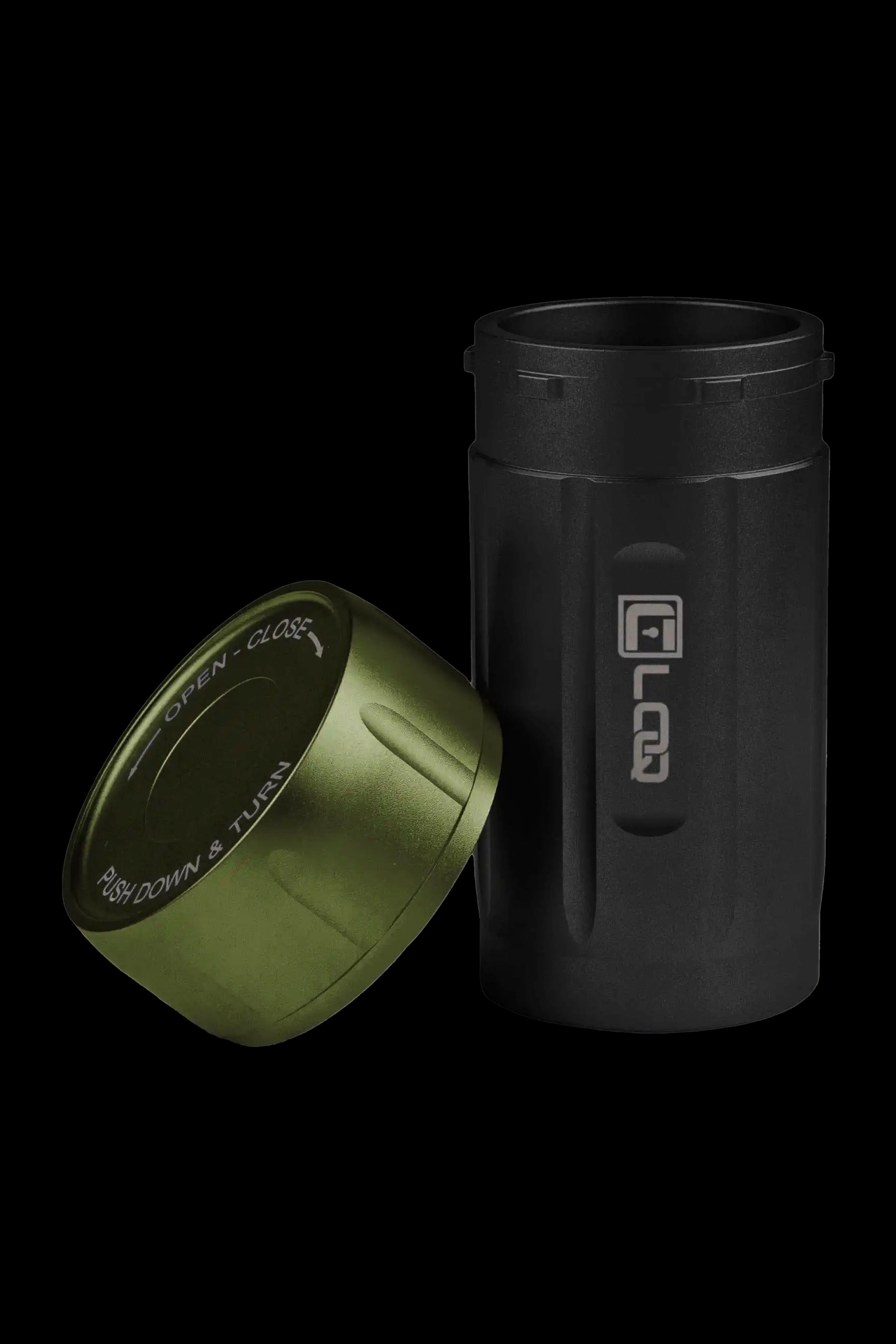 Black and olive green cannabis storage container with a child-resistant cap.