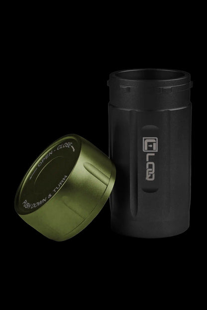 Black and olive green cannabis storage container with a child-resistant cap.