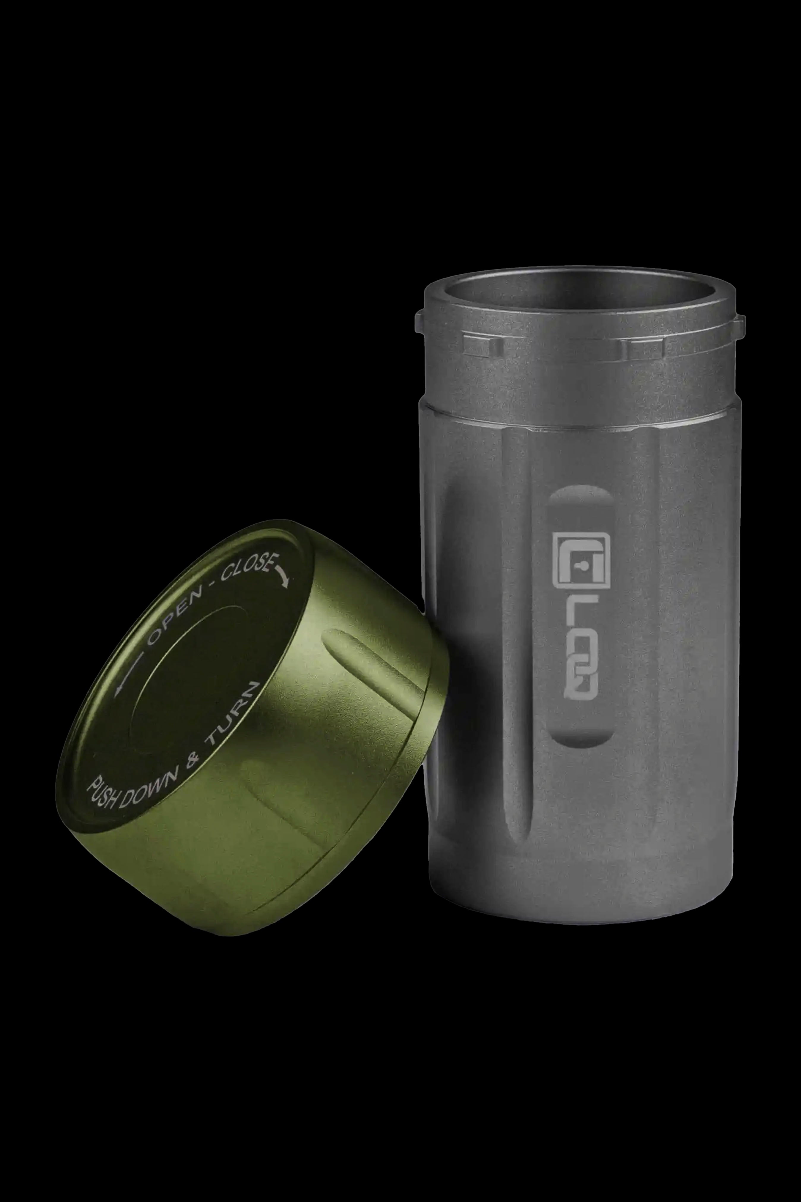Olive green, airtight cannabis storage container with a screw-on lid, featuring directional text for opening and closing.