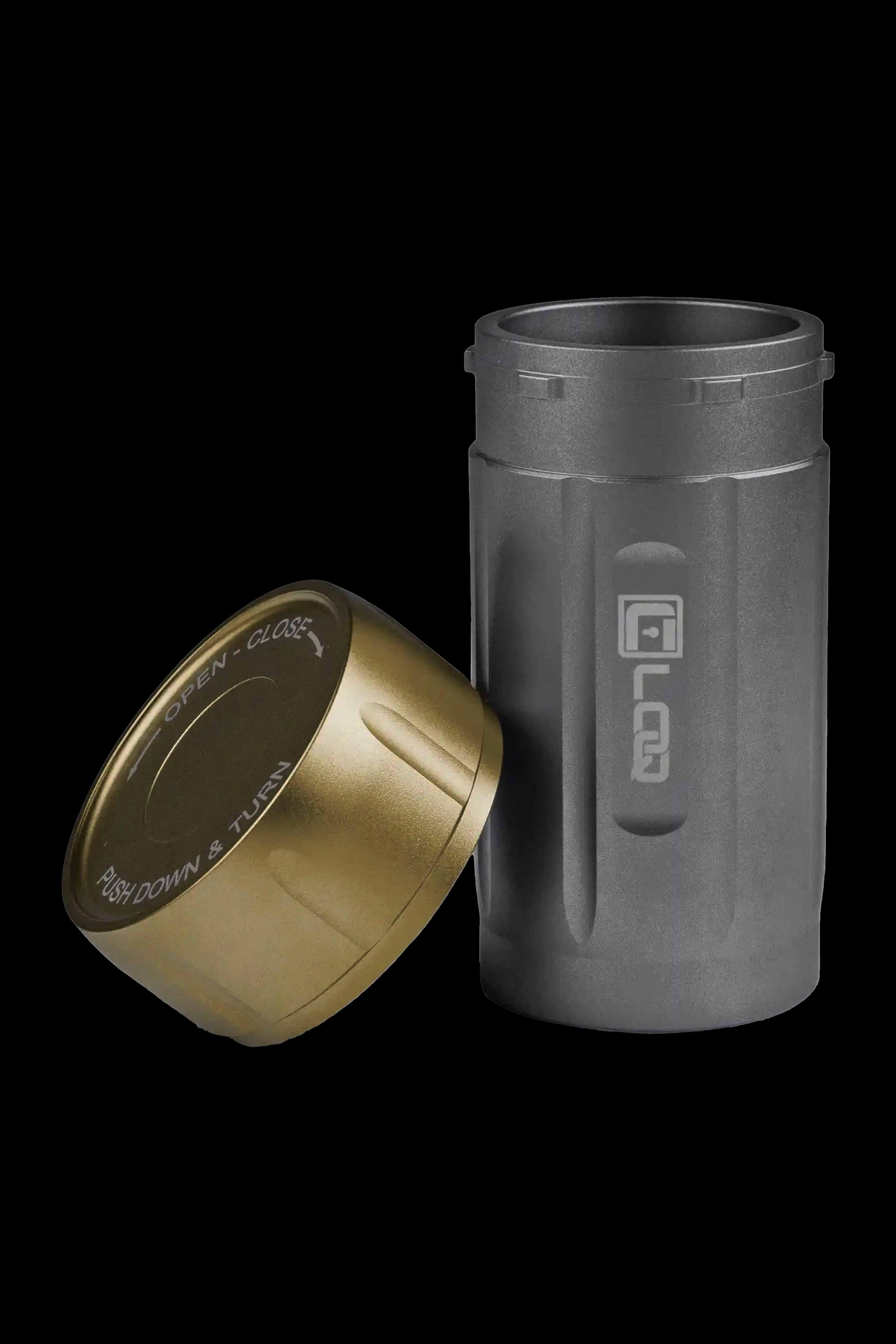 Gold cannabis storage container with a twist-open lid, featuring "open-close" and "push down & turn" instructions.