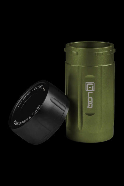 Olive green, air-tight cannabis storage container with a child-resistant twist-and-turn lid.