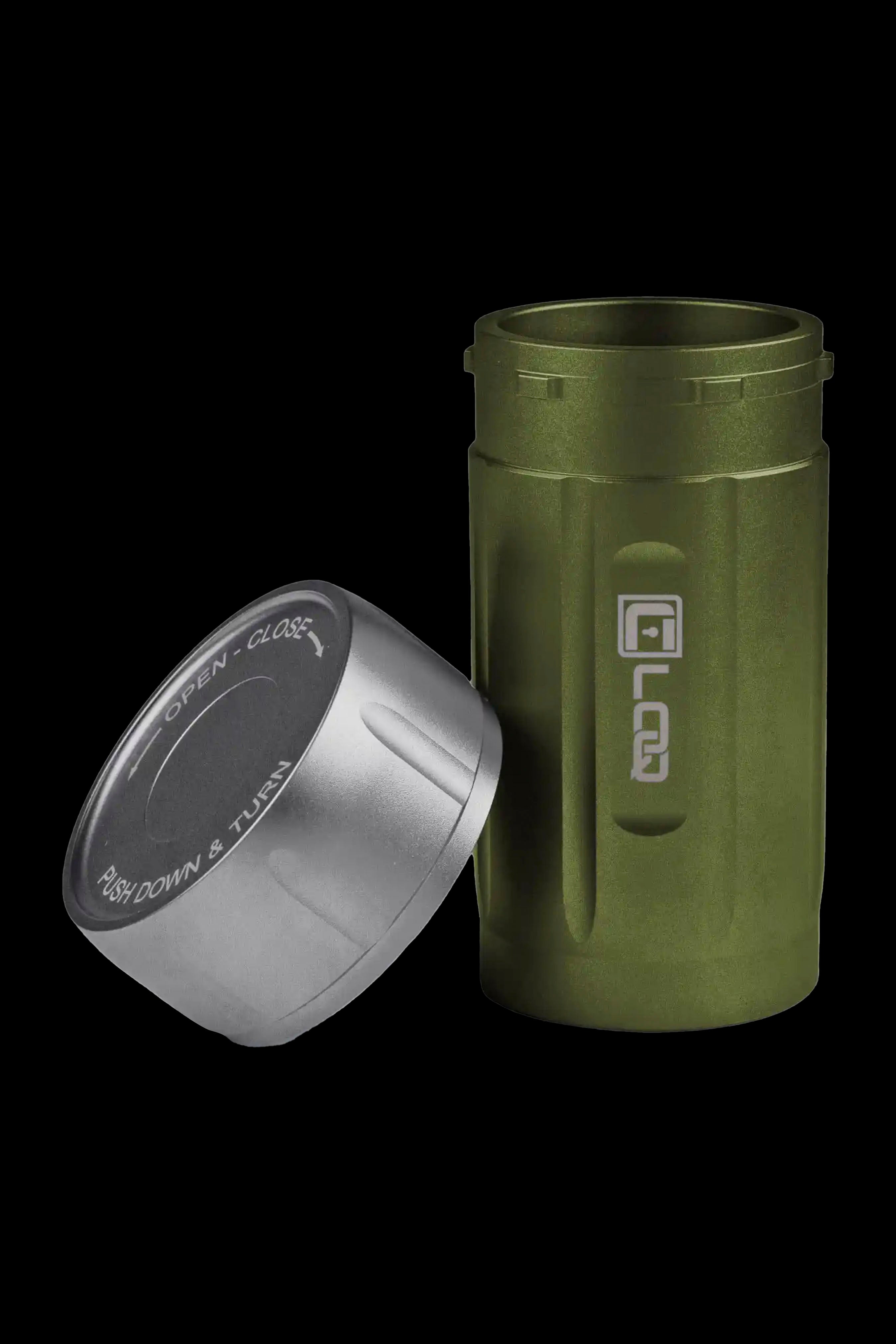 Olive green cannabis storage container with a twist-top lid, partially open, showing directional arrows for opening and closing.