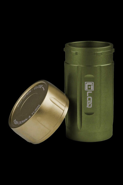 Olive green, airtight cannabis storage container with a twist-top lid displaying "OPEN - CLOSE" and "PUSH DOWN & TURN" instructions.