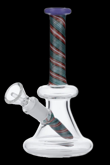 Clear glass bong with red and green striped accents.