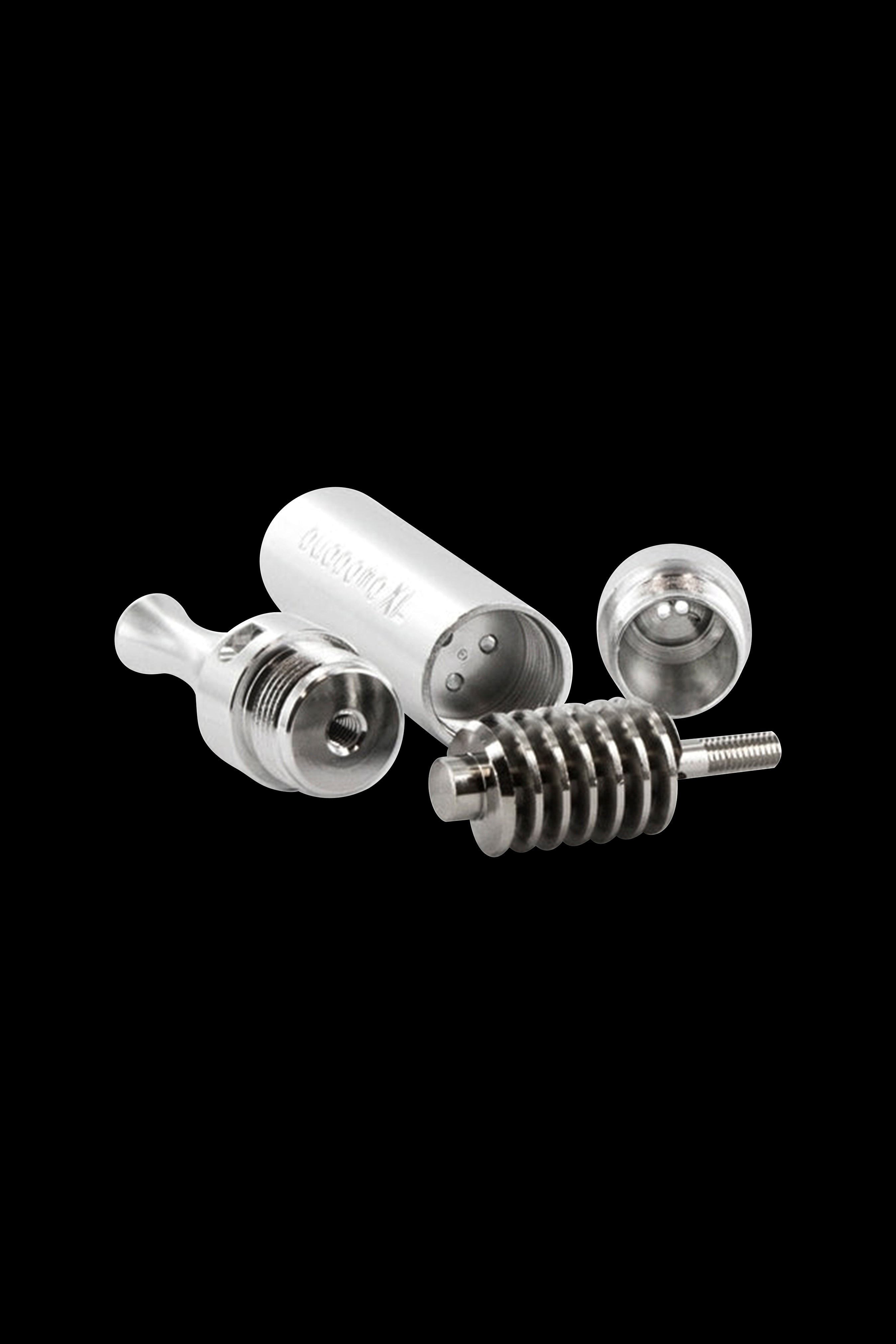 Silver cannabis dab rig components disassembled on a black background.