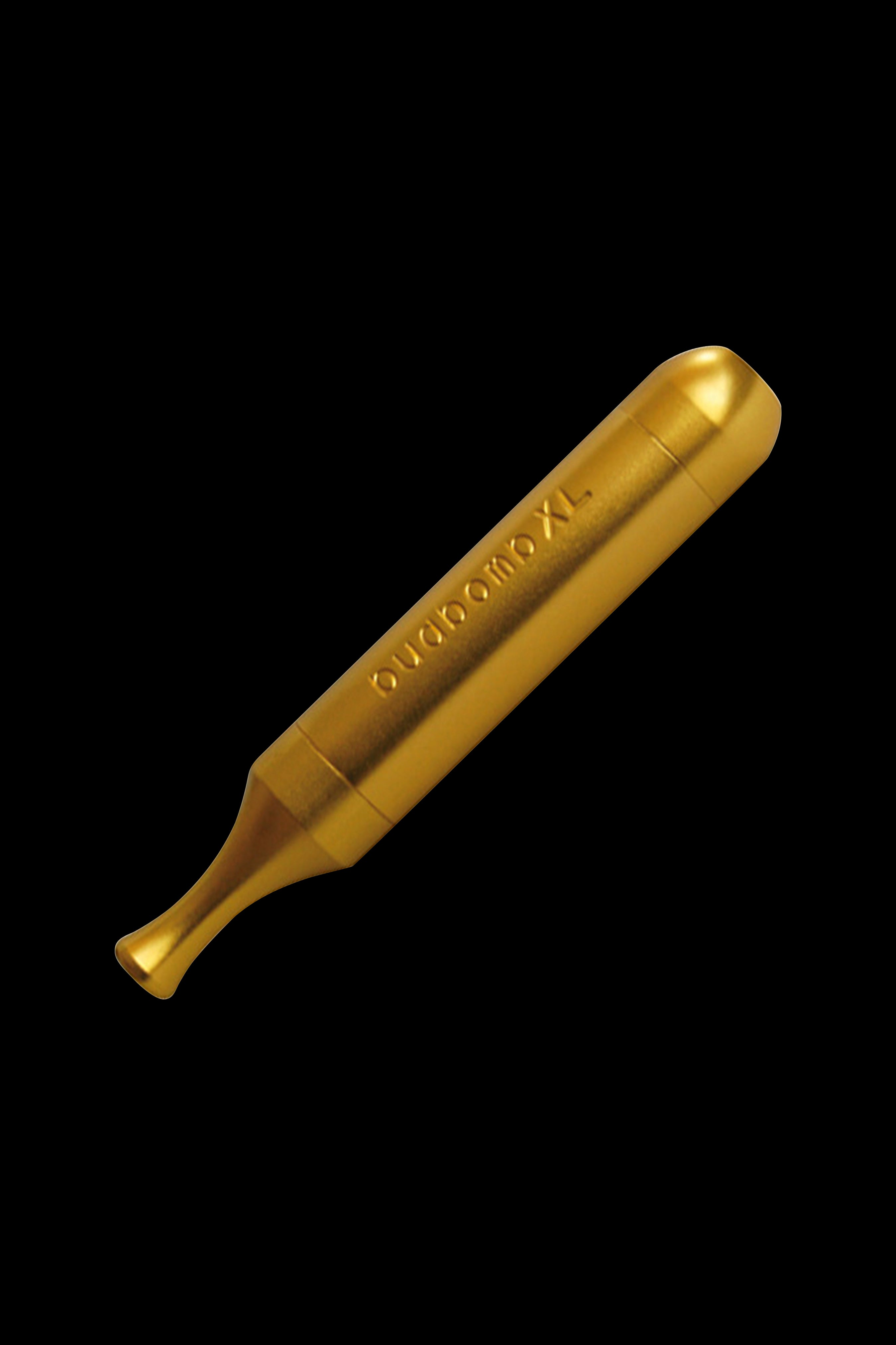 Gold cannabis oil applicator tip isolated on a black background.