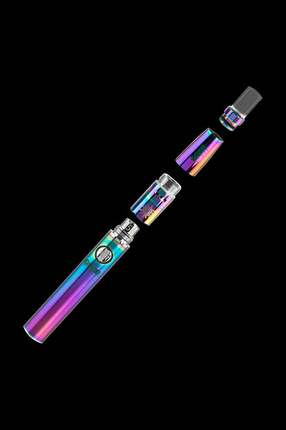 Disassembled iridescent cannabis oil vape pen against a black background.