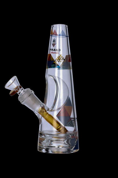 Clear glass water pipe with colorful patterned accents and a detachable mouthpiece, studio shot on a black background.