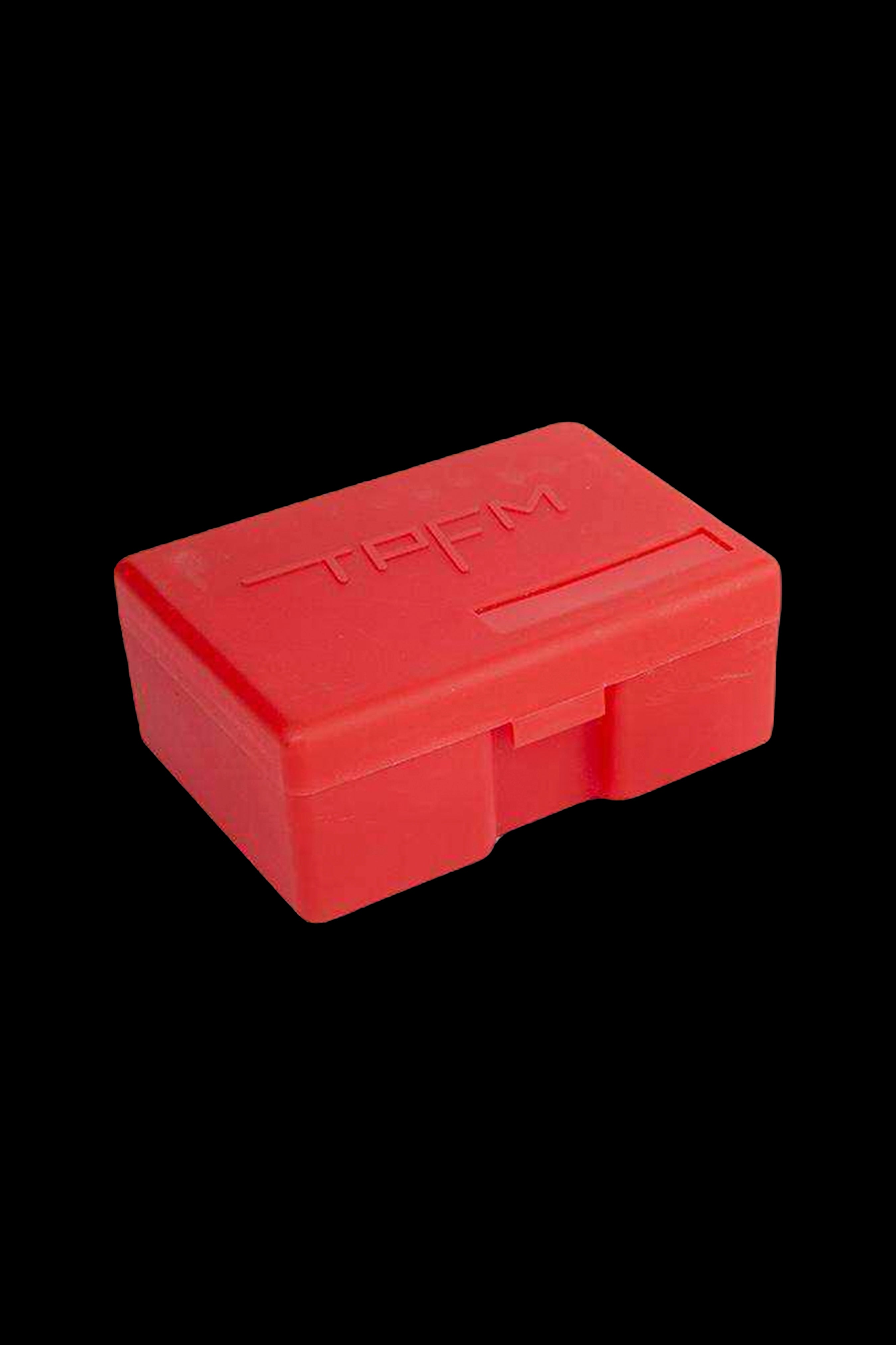 Red silicone smell-proof container with "TPFM" embossed on top.