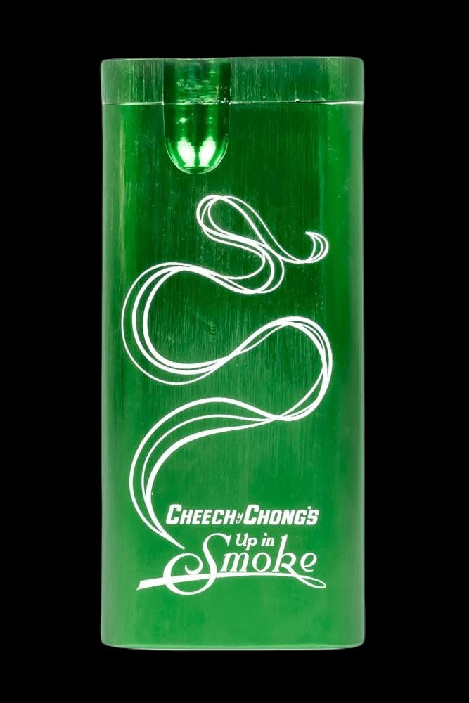 Green glass pipe with a white spiral design and “Cheech & Chong’s Up in Smoke” text.