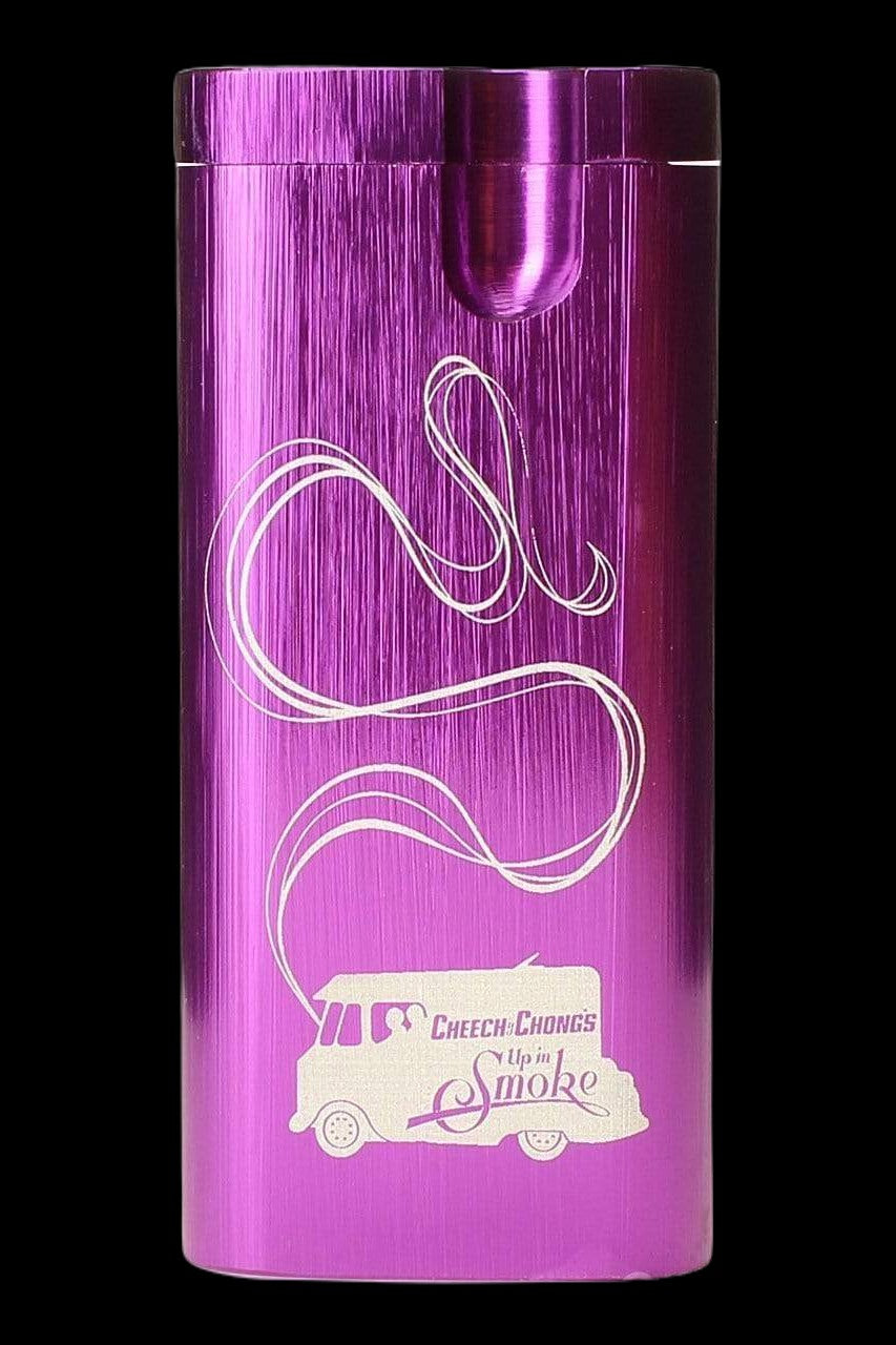 Purple metal container with silver cannabis leaf design and "Cheech & Chong's Up in Smoke" branding.