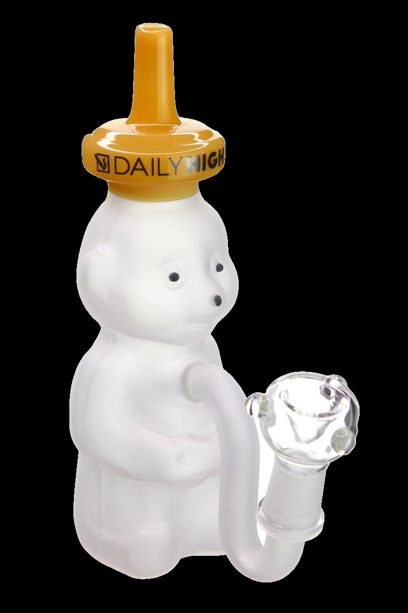 Clear glass water pipe shaped like a hot sauce bottle with “DAILY HIGH” printed on the cap.