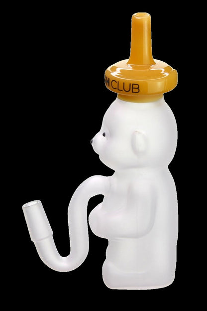 Glass bubbler shaped like a baby bottle with a bear face, featuring a curved mouthpiece.