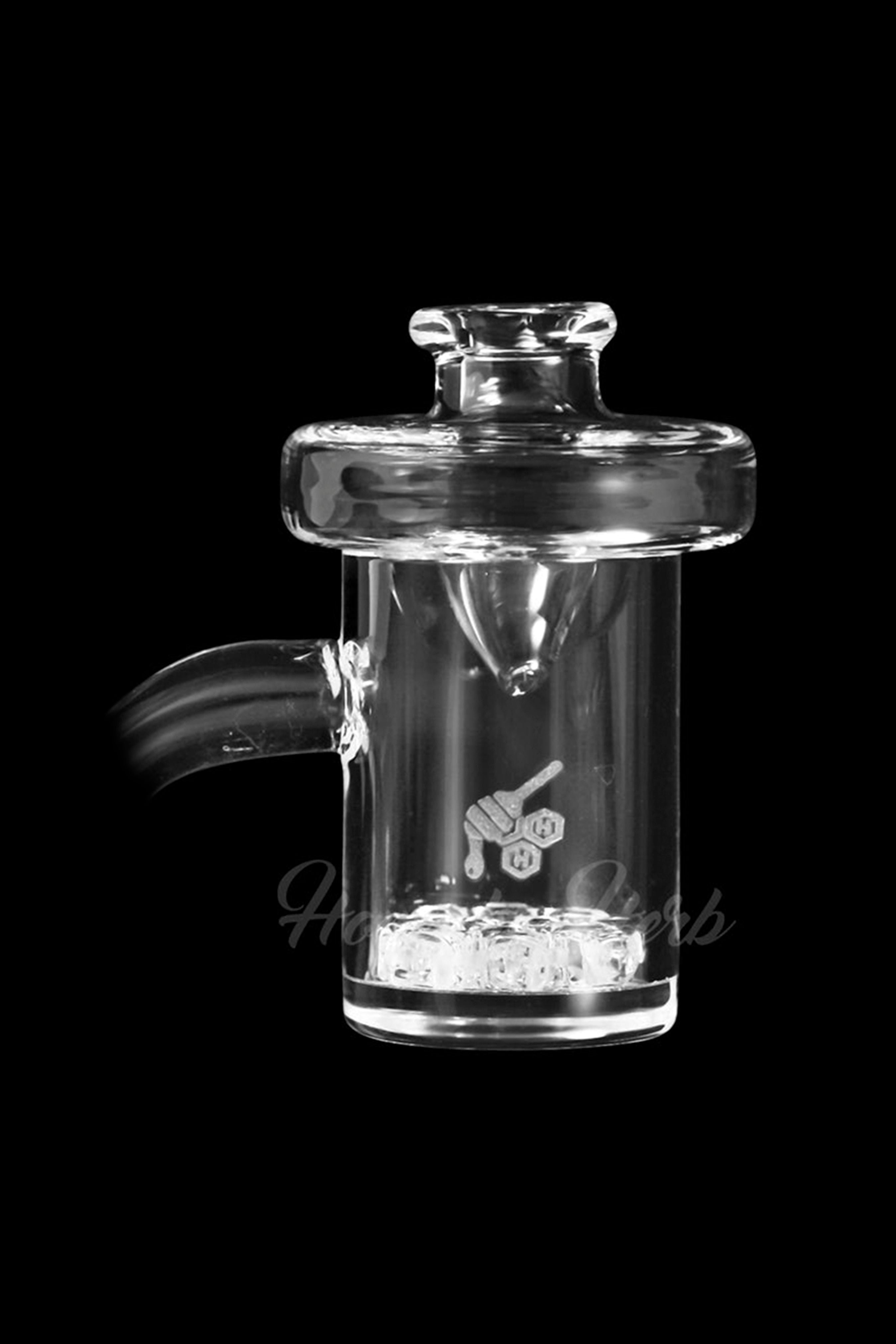Clear glass bubbler water pipe with intricate internal percolation design.