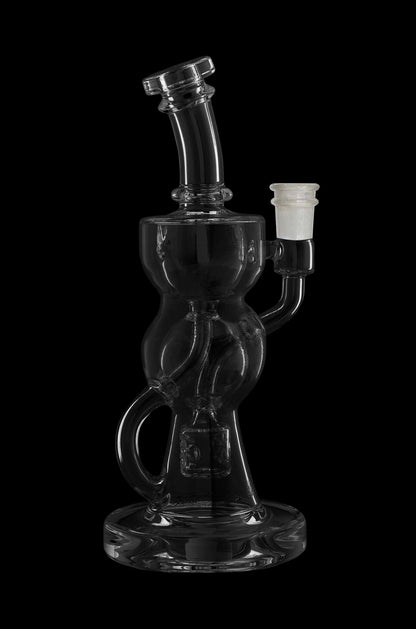 Clear glass water pipe (bong) with intricate sculpted design.