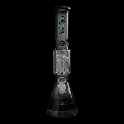 Centered vertical studio shot of the Croia Glass 15" Beaker Bong with Tree Perc and Ice Catcher | Croia Glass showing the upper tube, tree percolator chamber and beaker base against a black background