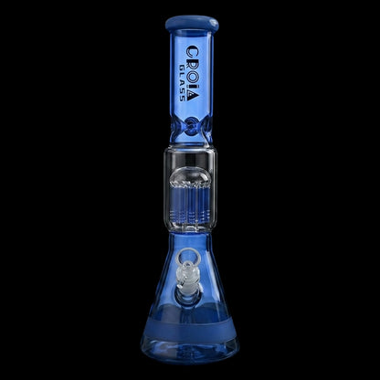 Centered vertical close-up of the Croia Glass 15" Beaker Bong with Tree Perc and Ice Catcher | Croia Glass in blue, showing the upper tube logo, tree percolator and ice catcher against a black background