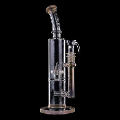 Angled close-up of the Croia Glass 10" Dual Chamber Scientific Bong with Inline and Rocket Perc in clear glass against black.