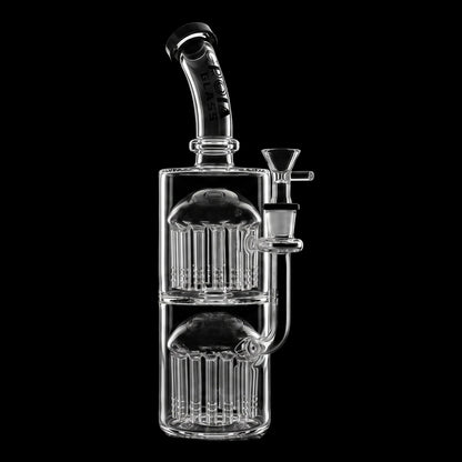 Centered studio shot of the Croia Glass 11" Double Tree Perc Scientific Glass Bong against a black background, showing its angled neck, dual percolator chambers, and clear glass details.