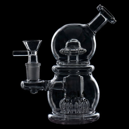 Three-quarter side view of the Croia Glass 6" Mini Egg Dab Rig with Crown Perc | Croia Glass showing its clear glass egg chamber, angled mouthpiece, and visible crown percolator against a black background
