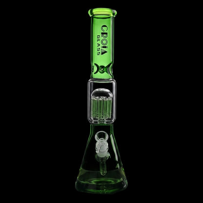 Portrait view of the Croia Glass 15" Beaker Bong with Tree Perc and Ice Catcher | Croia Glass showing its green neck, clear midsection tree perc and black background.