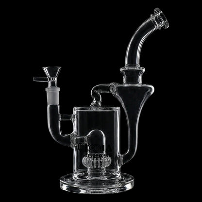 Close-up front view of the Croia Glass 10" Hourglass Recycler Scientific Bong with Crown Perc showing its clear glass recycler chambers and curved mouthpiece against a black background