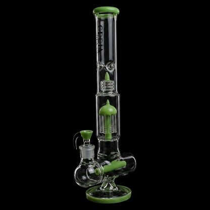 Tall portrait of the Croia Glass 17" Triple Perc Scientific Glass Bong | Croia Glass showing its clear tube with jade-green accents and dual percolator chambers against a black background