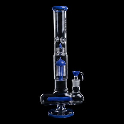 Center-frontal studio shot of the Croia Glass 17" Triple Perc Scientific Glass Bong | Croia Glass in clear glass with blue accents against a black background.