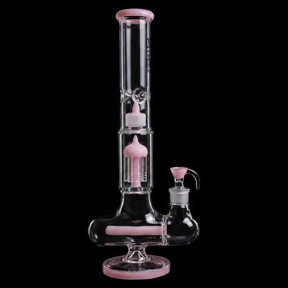 Vertical three-quarter view of the Croia Glass 17" Triple Perc Scientific Glass Bong | Croia Glass in clear glass with pink accents against a black background.