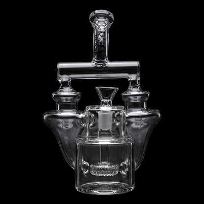 Close-up front view of the Croia Glass 8" Twin Vortex Recycler Scientific Glass Bong showing clear glass chambers and T-shaped top against a black background