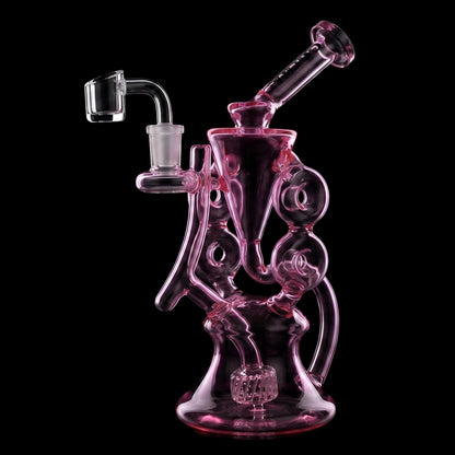 Three-quarter view of the Croia Glass 10" Symmetrical Quad-Donut Klein Recycler Dab Rig | Croia Glass in translucent fluorescent pink glass against a black background.