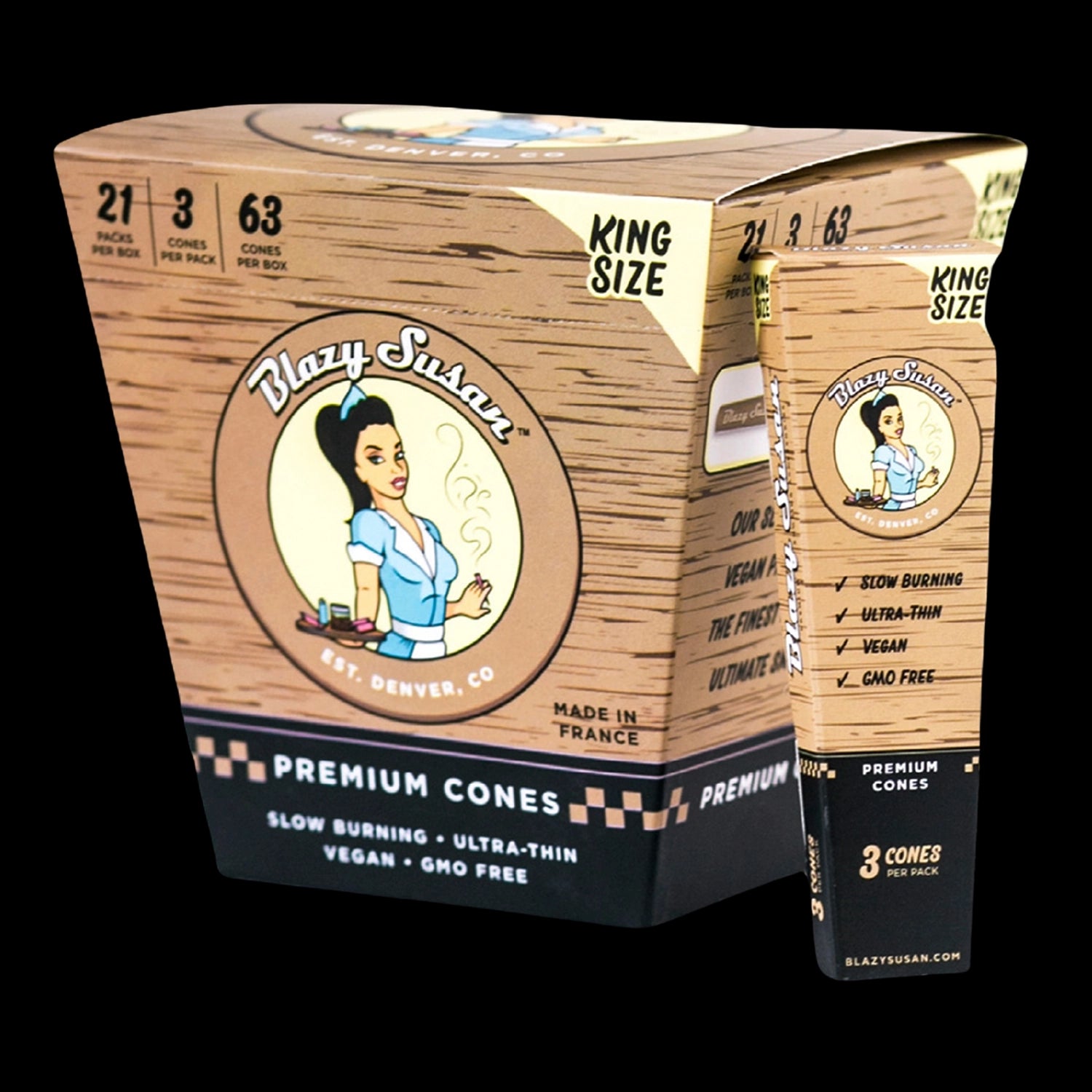 Blazy Susan King Size Unbleached Pre Rolled Cones - Display Box