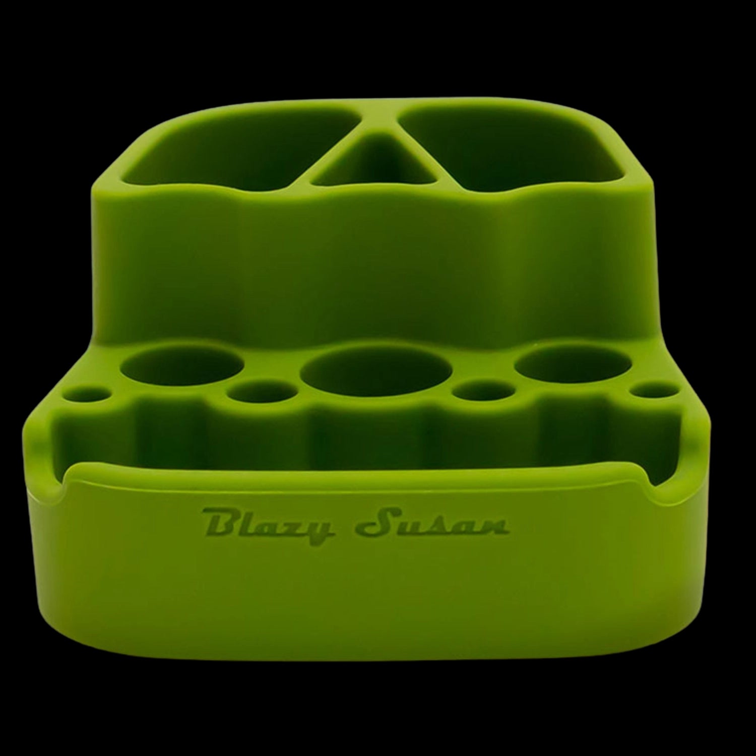 Front-facing close-up of a lime yellow Blazy Susan Dab Station showing multiple circular and triangular tool slots against black.